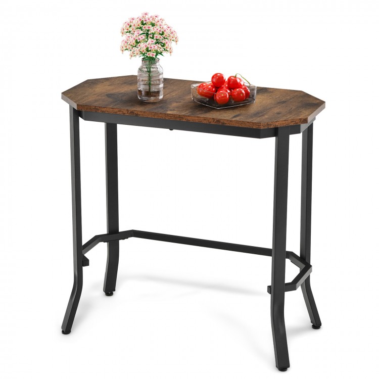 Narrow end side sofa table with rustic brown engineered wood tabletop and heavy-duty steel frame, ideal for living room.
